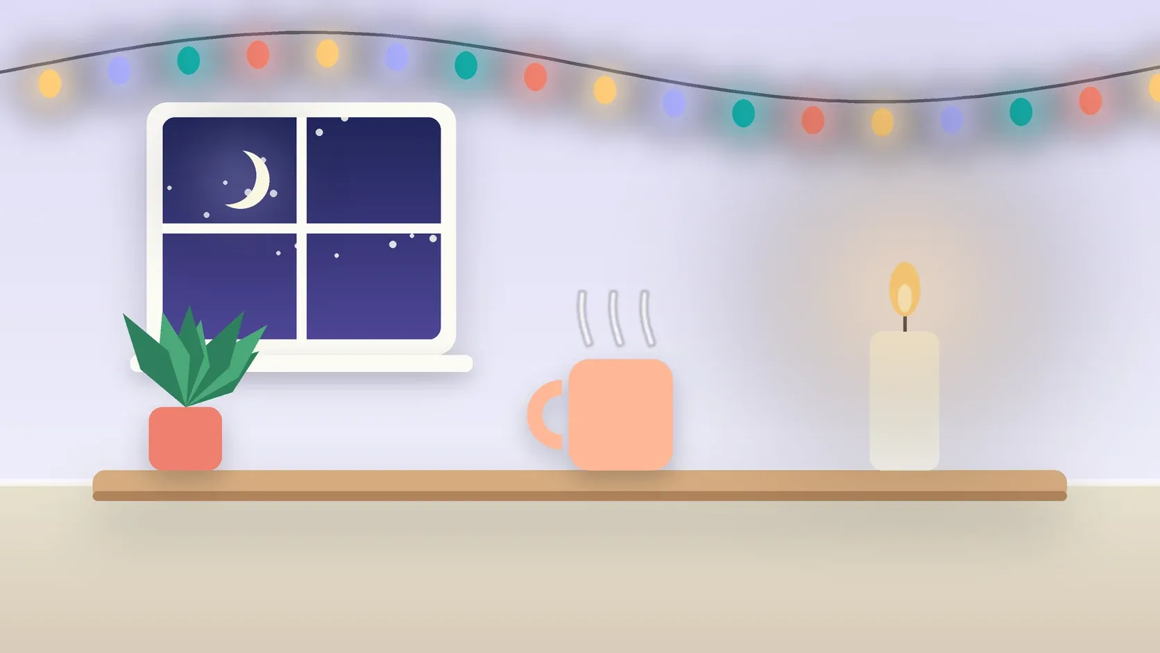 Illustration of string lights over a cozy table with a candle, a mug and a plant on a winter evening