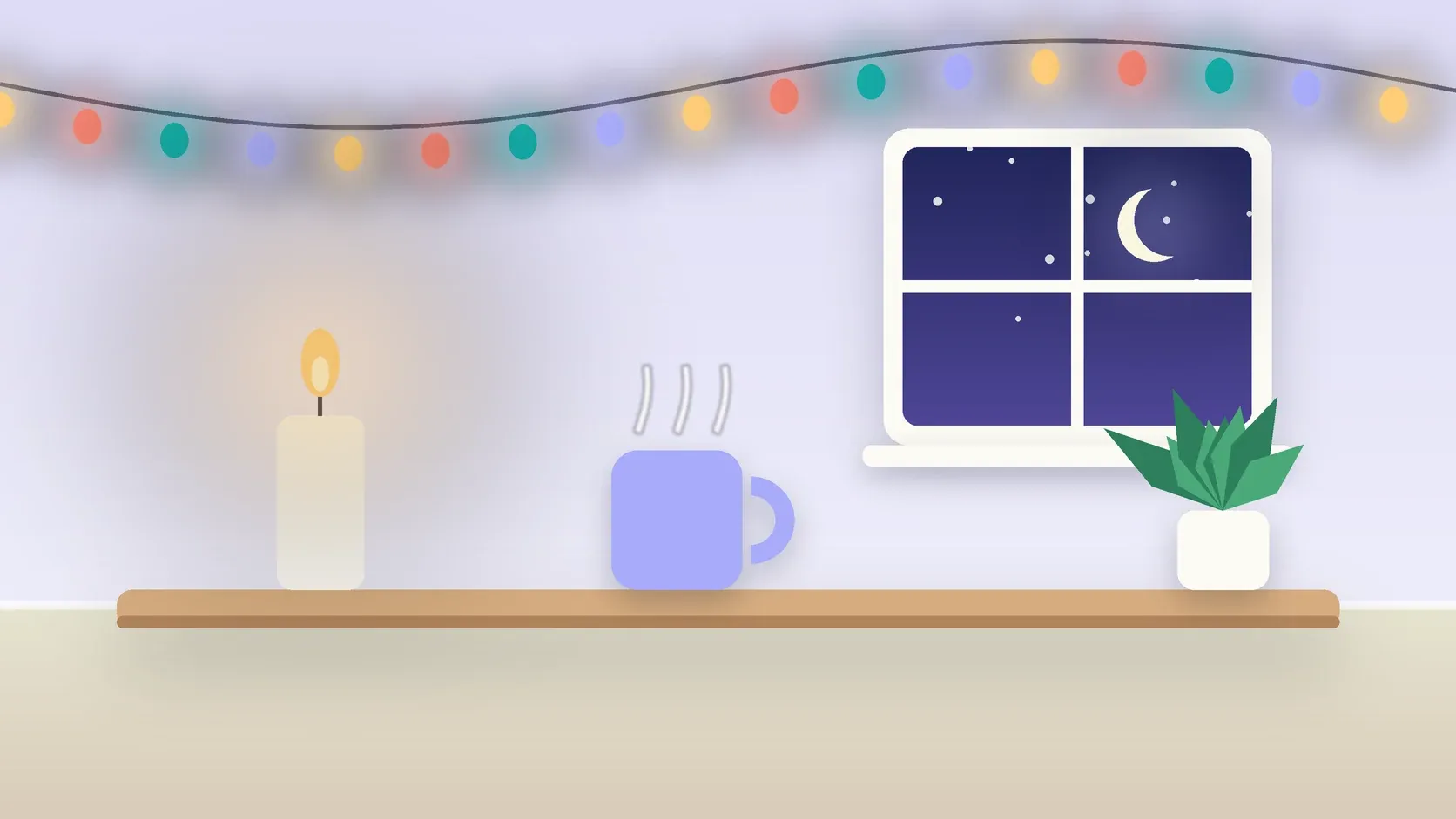 Illustration of string lights over a cozy table with a candle, a mug and a plant on a winter evening