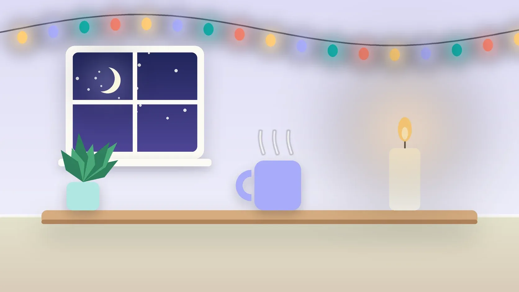Illustration of string lights over a cozy table with a candle, a mug and a plant on a winter evening