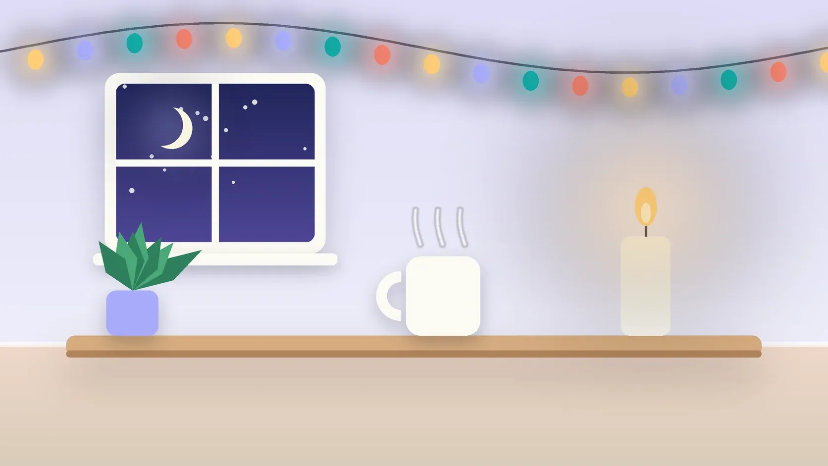 Illustration of string lights over a cozy table with a candle, a mug and a plant on a winter evening