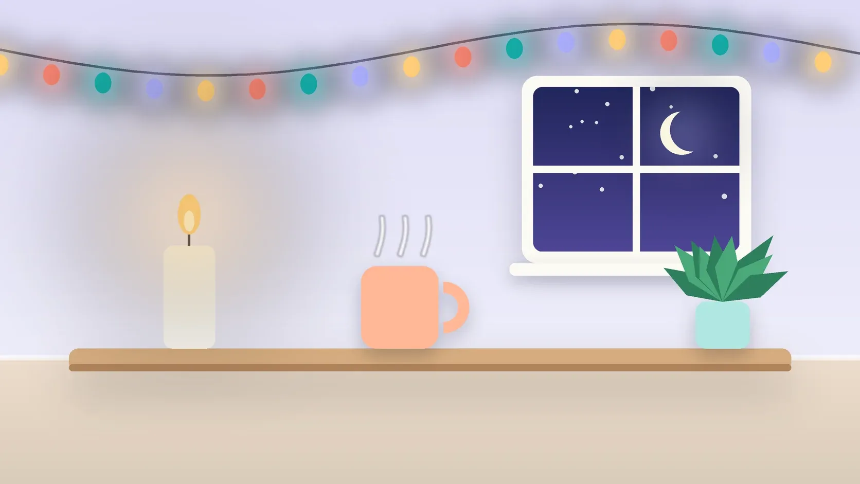 Illustration of string lights over a cozy table with a candle, a mug and a plant on a winter evening