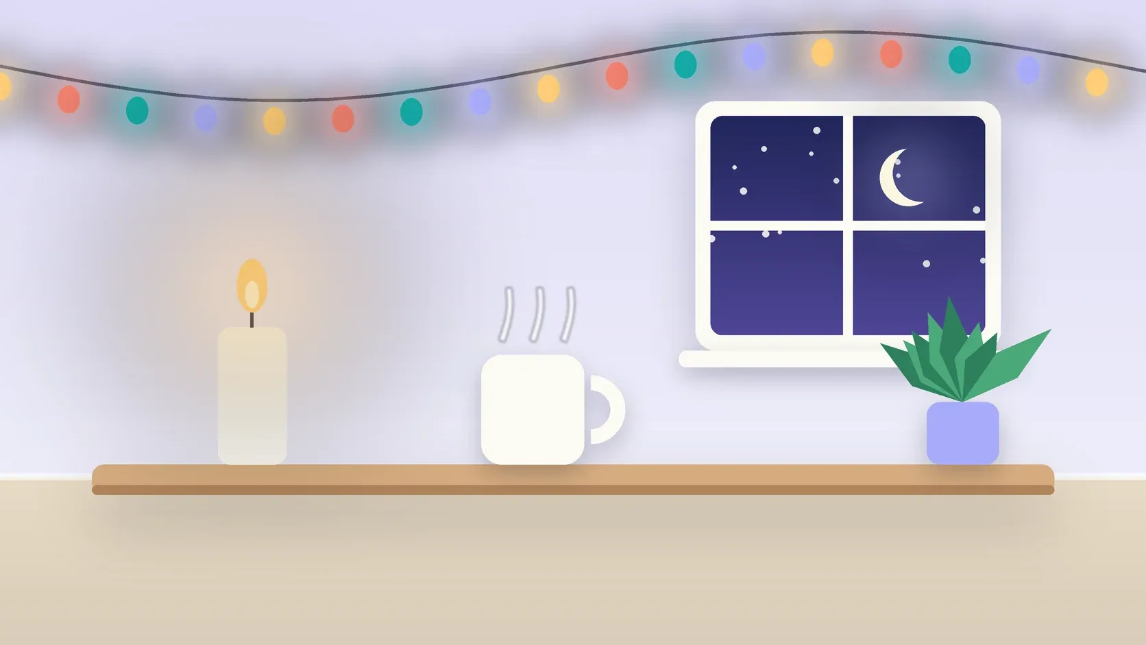 Illustration of string lights over a cozy table with a candle, a mug and a plant on a winter evening
