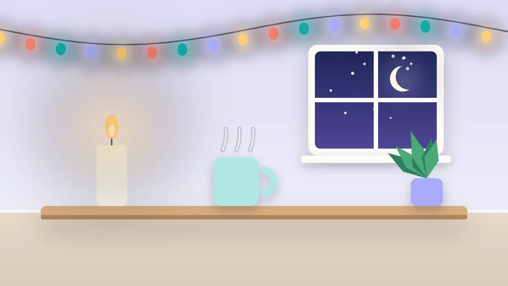 Illustration of string lights over a cozy table with a candle, a mug and a plant on a winter evening