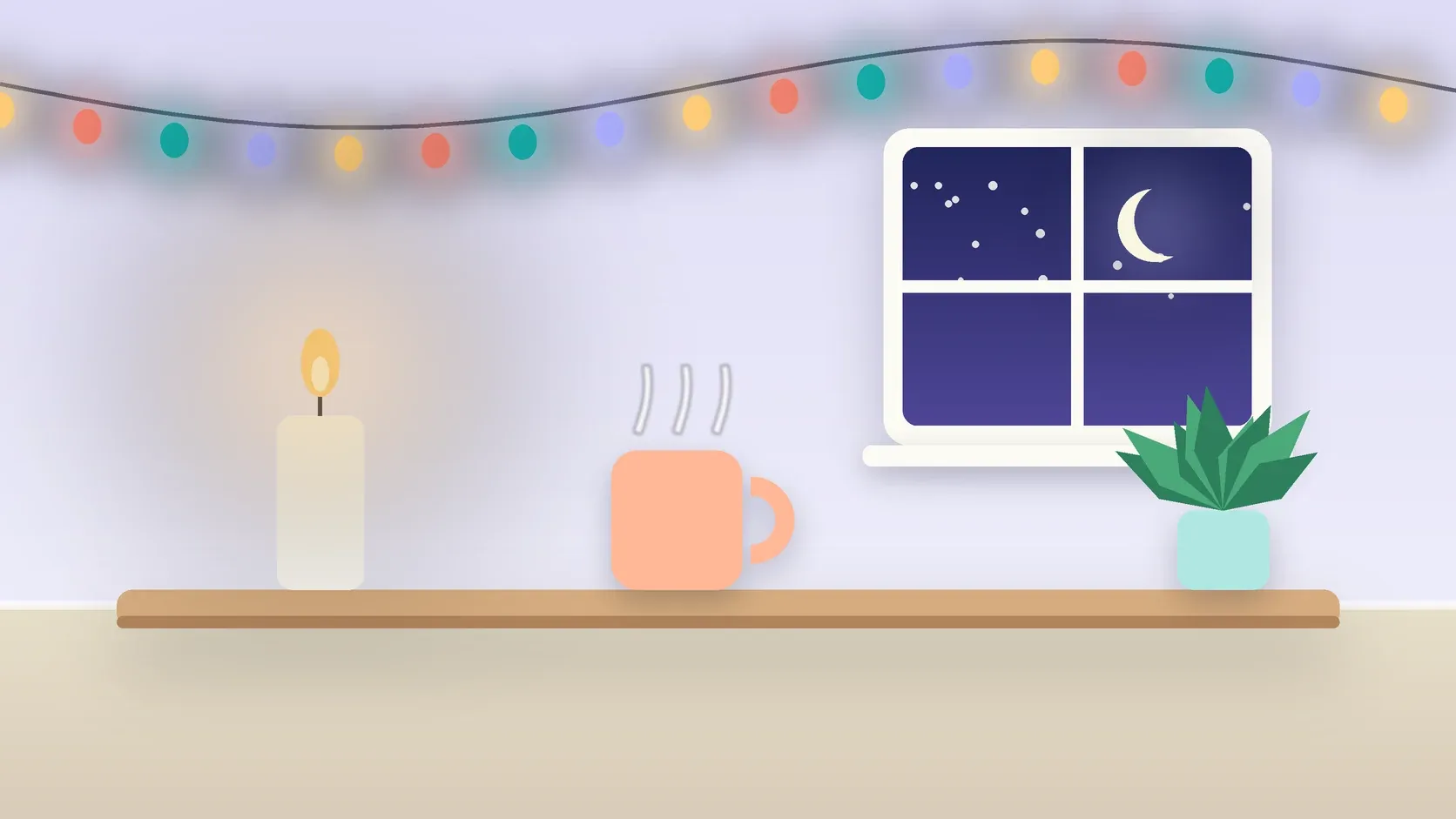 Illustration of string lights over a cozy table with a candle, a mug and a plant on a winter evening