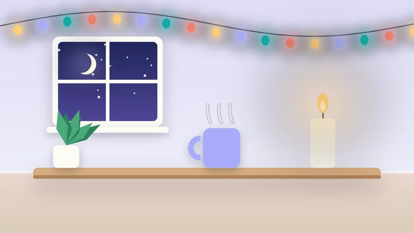 Illustration of string lights over a cozy table with a candle, a mug and a plant on a winter evening
