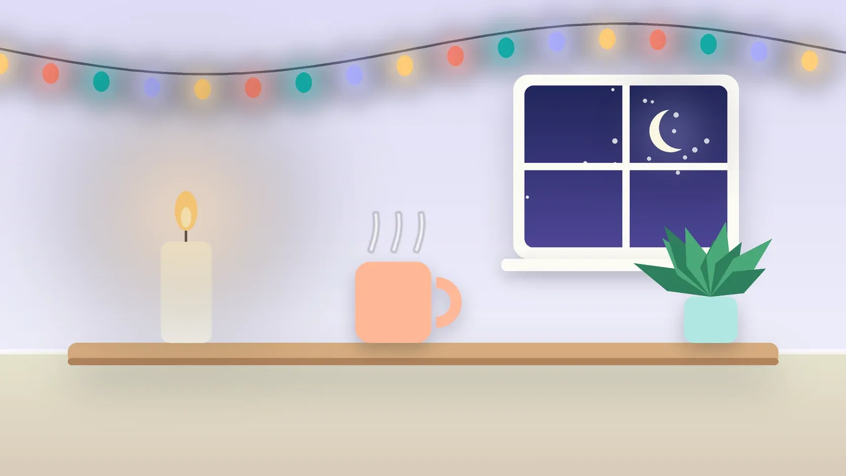 Illustration of string lights over a cozy table with a candle, a mug and a plant on a winter evening