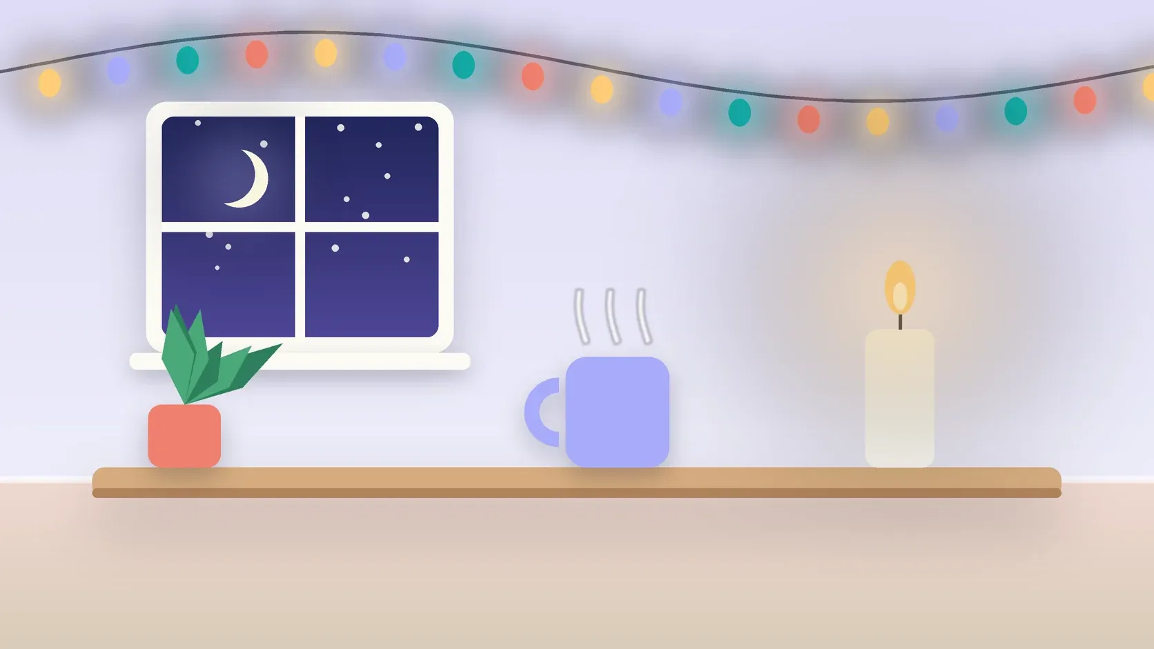 Illustration of string lights over a cozy table with a candle, a mug and a plant on a winter evening