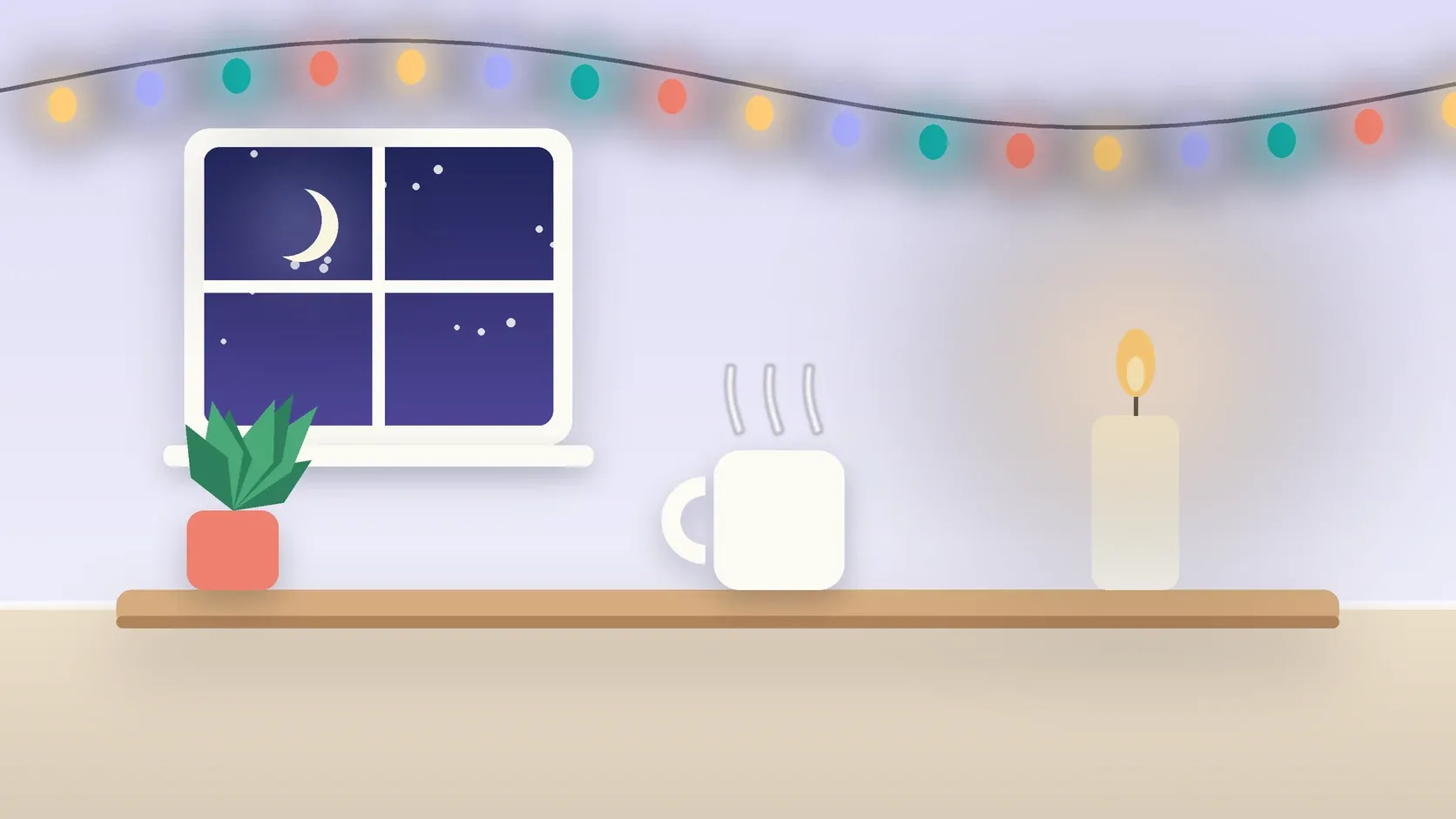 Illustration of string lights over a cozy table with a candle, a mug and a plant on a winter evening