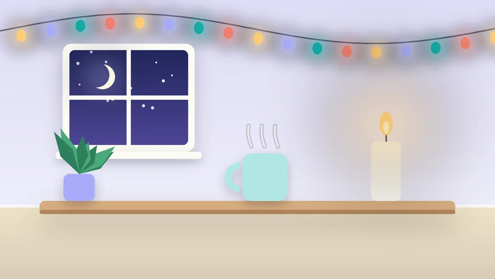 Illustration of string lights over a cozy table with a candle, a mug and a plant on a winter evening