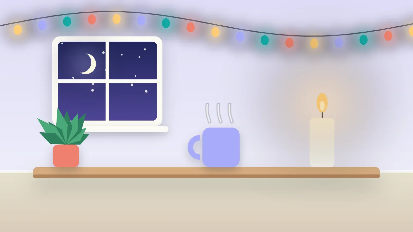 Illustration of string lights over a cozy table with a candle, a mug and a plant on a winter evening