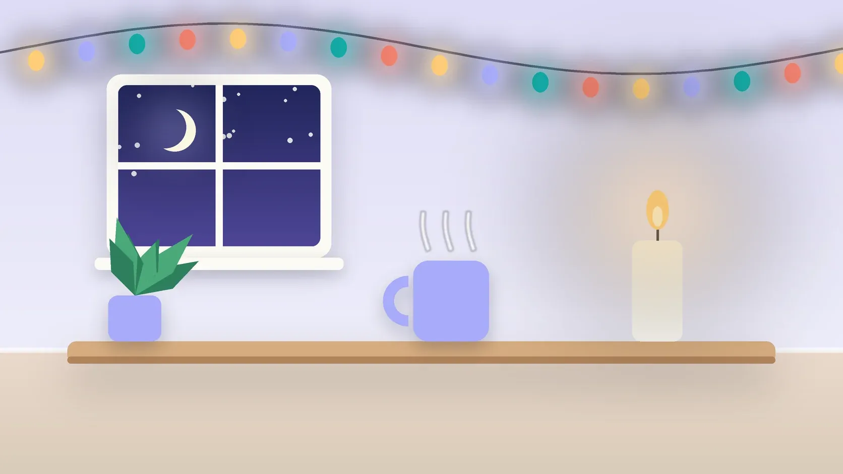 Illustration of string lights over a cozy table with a candle, a mug and a plant on a winter evening