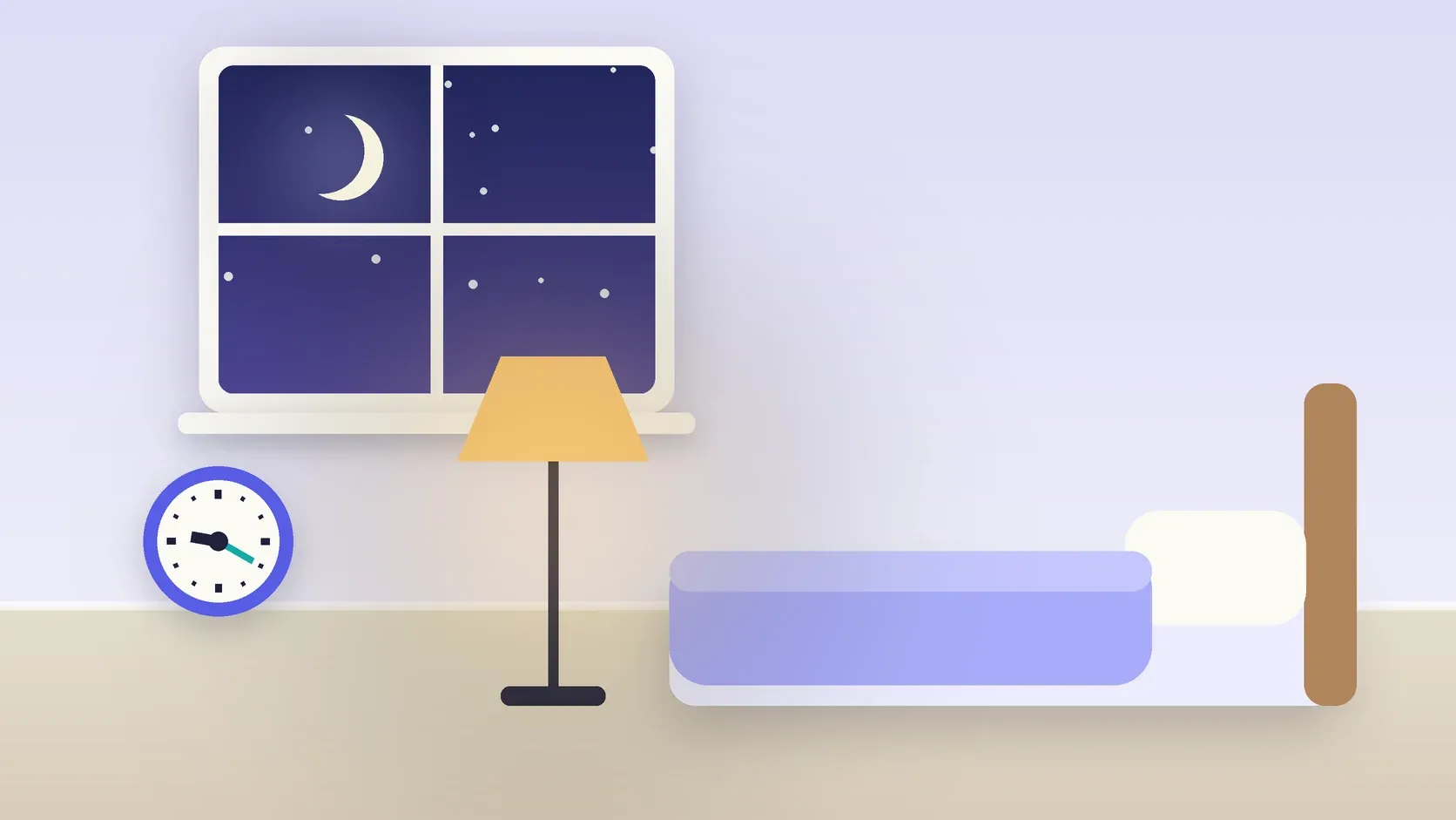 Illustration of a bedroom at night with a crescent moon in the window, a made bed, a glowing lamp and a clock