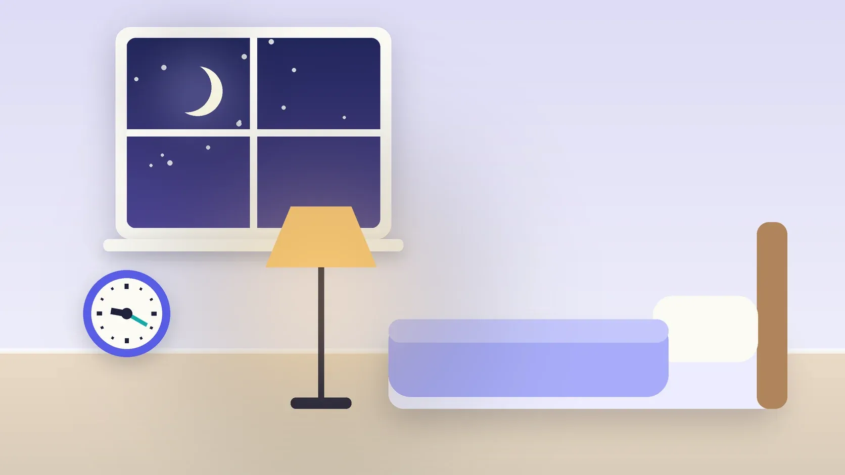 Illustration of a bedroom at night with a crescent moon in the window, a made bed, a glowing lamp and a clock
