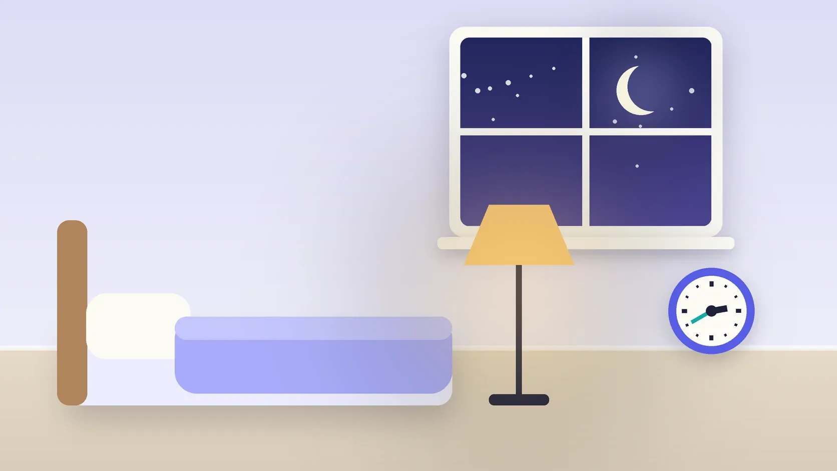 Illustration of a bedroom at night with a crescent moon in the window, a made bed, a glowing lamp and a clock