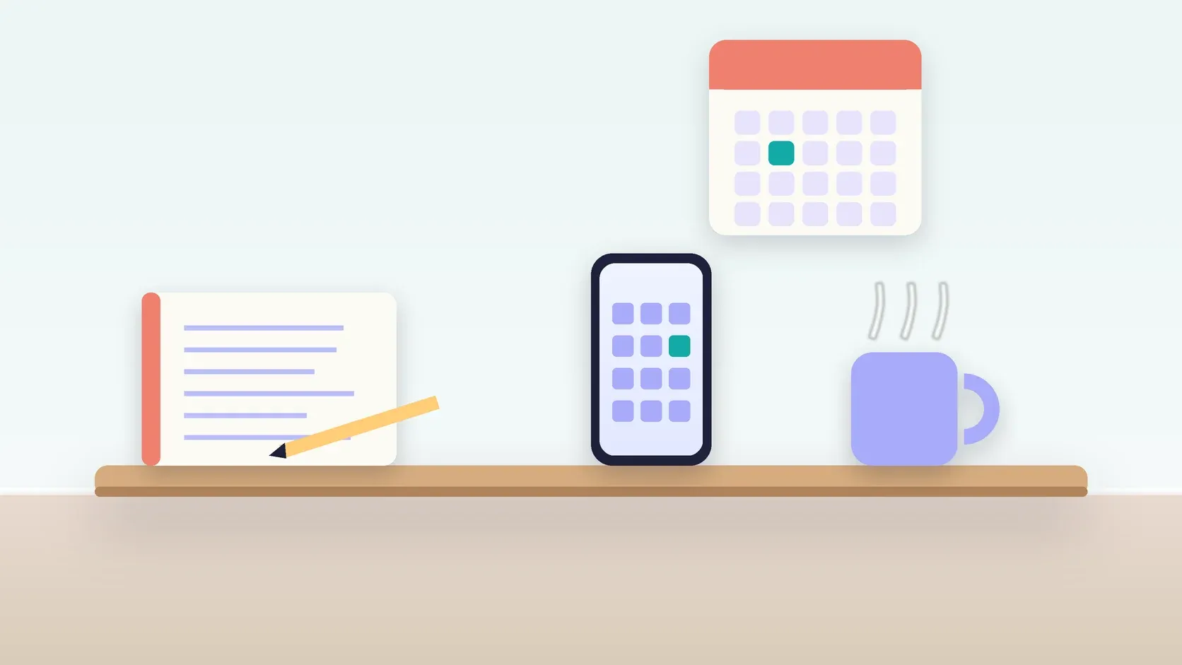 Illustration of a desk with a checklist, a phone showing a calendar, a mug and a wall planner