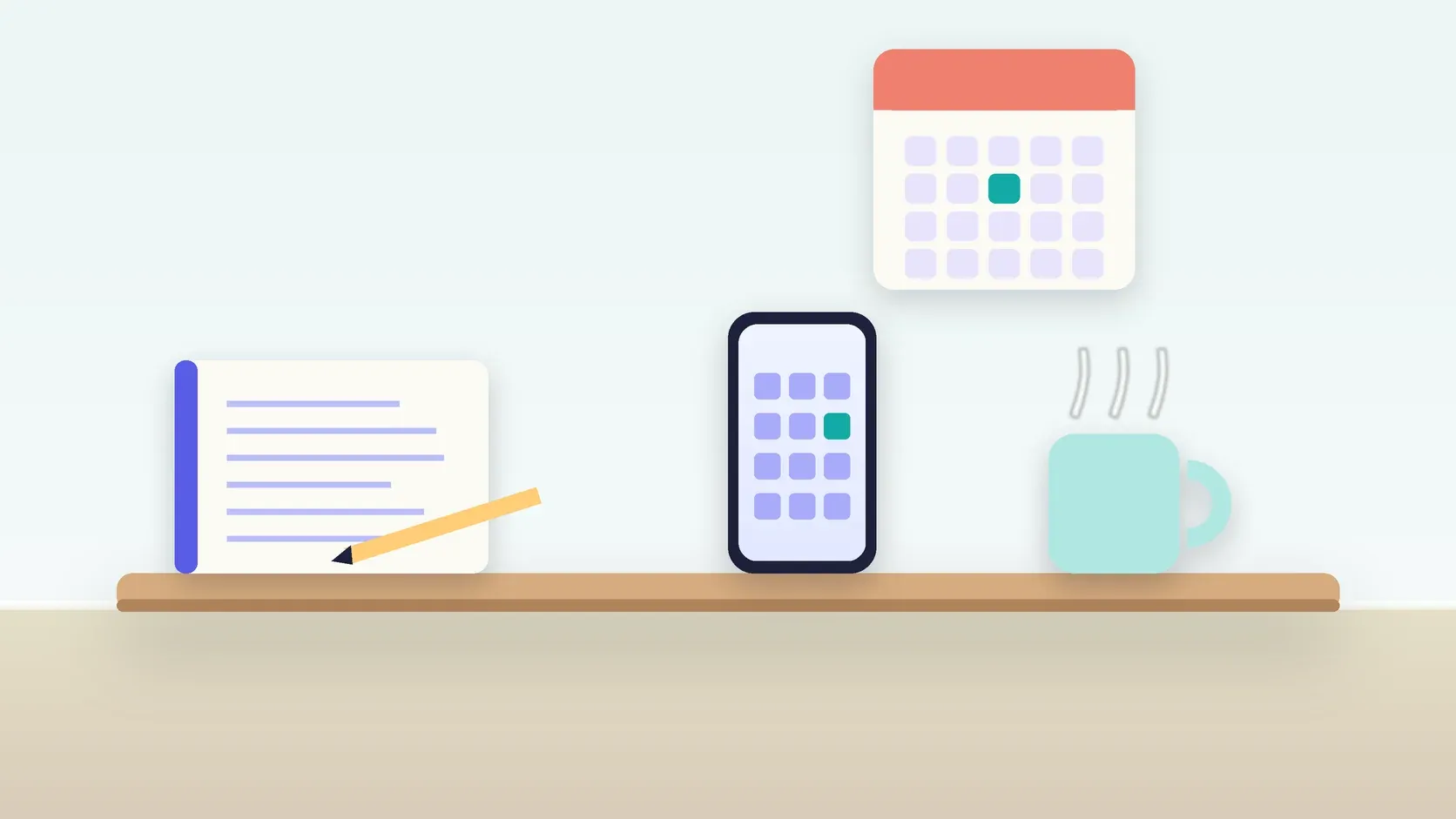 Illustration of a desk with a checklist, a phone showing a calendar, a mug and a wall planner
