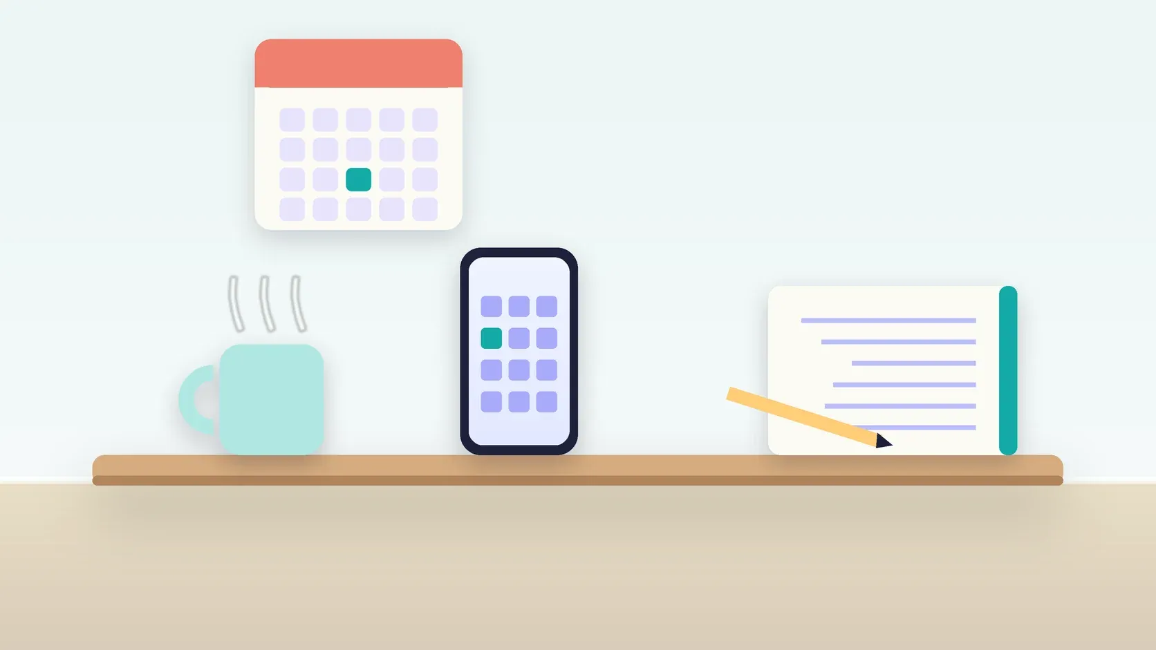 Illustration of a desk with a checklist, a phone showing a calendar, a mug and a wall planner