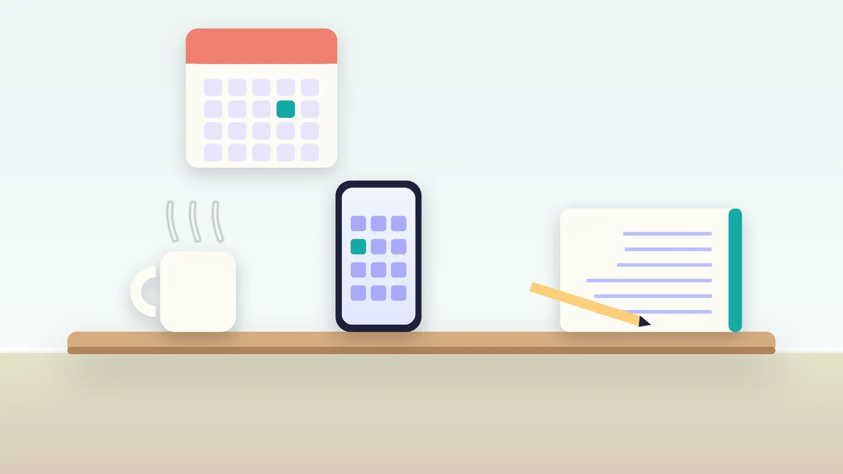 Illustration of a desk with a checklist, a phone showing a calendar, a mug and a wall planner
