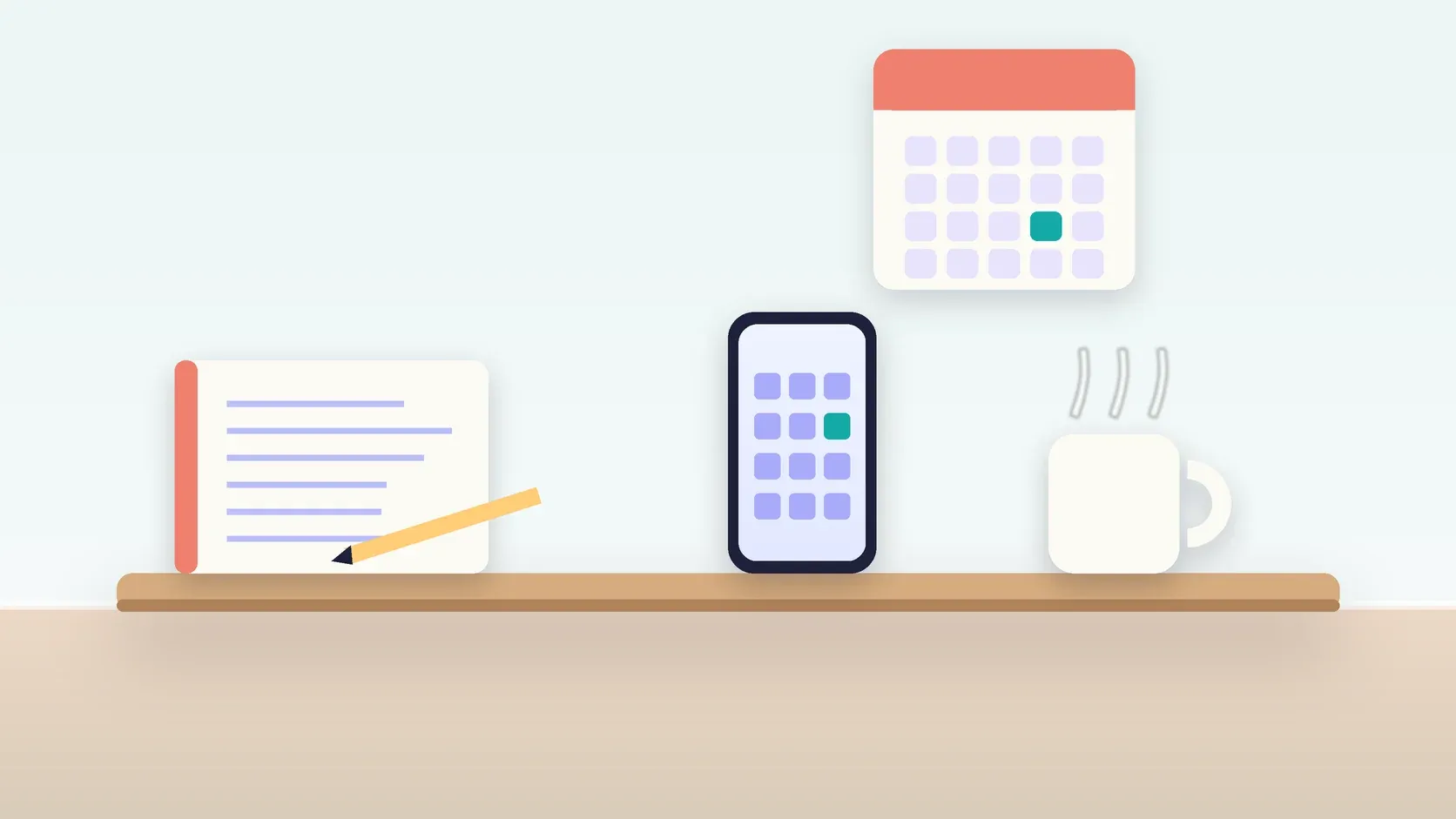 Illustration of a desk with a checklist, a phone showing a calendar, a mug and a wall planner
