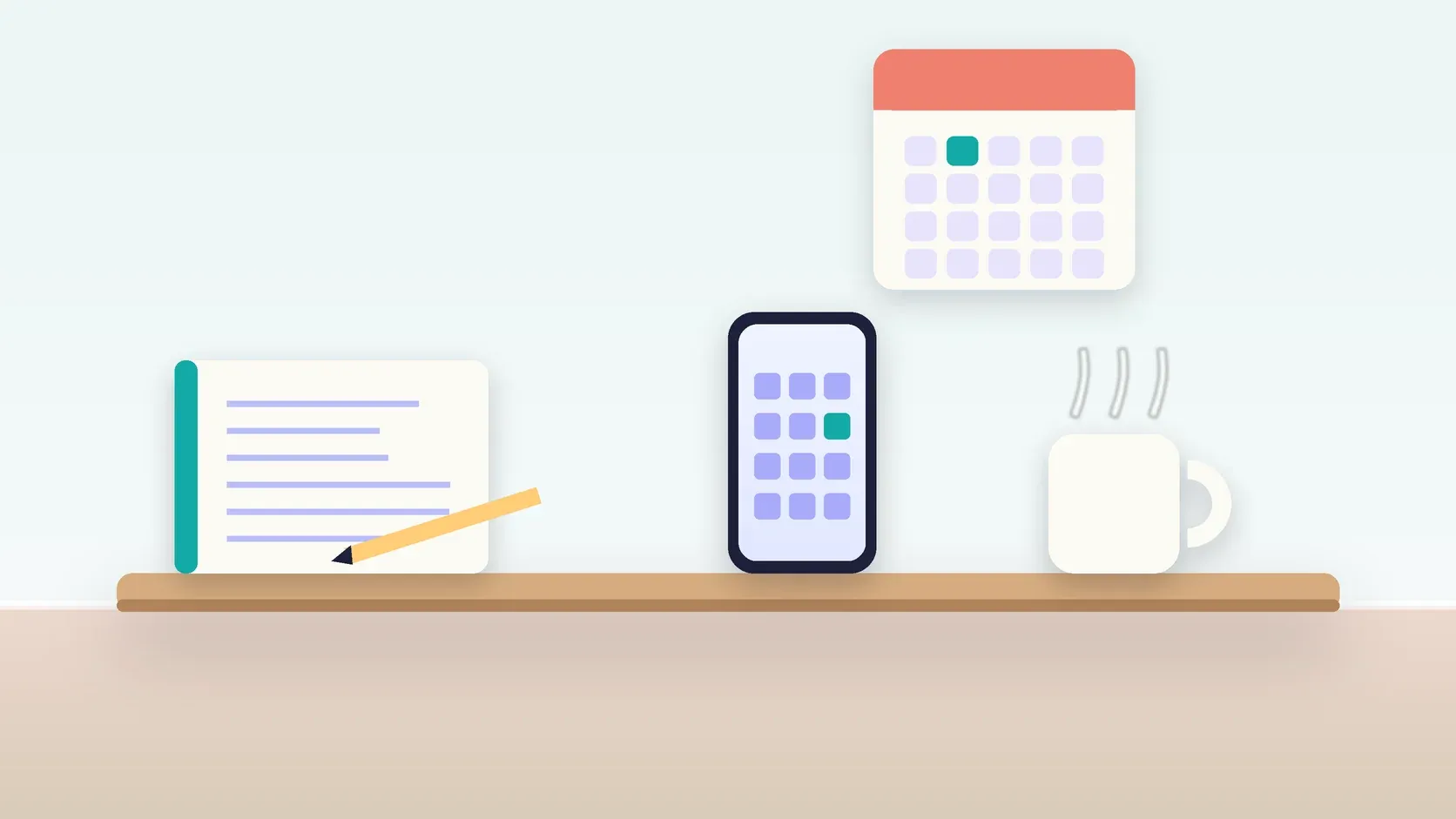 Illustration of a desk with a checklist, a phone showing a calendar, a mug and a wall planner