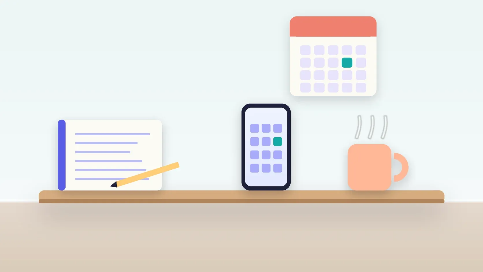 Illustration of a desk with a checklist, a phone showing a calendar, a mug and a wall planner