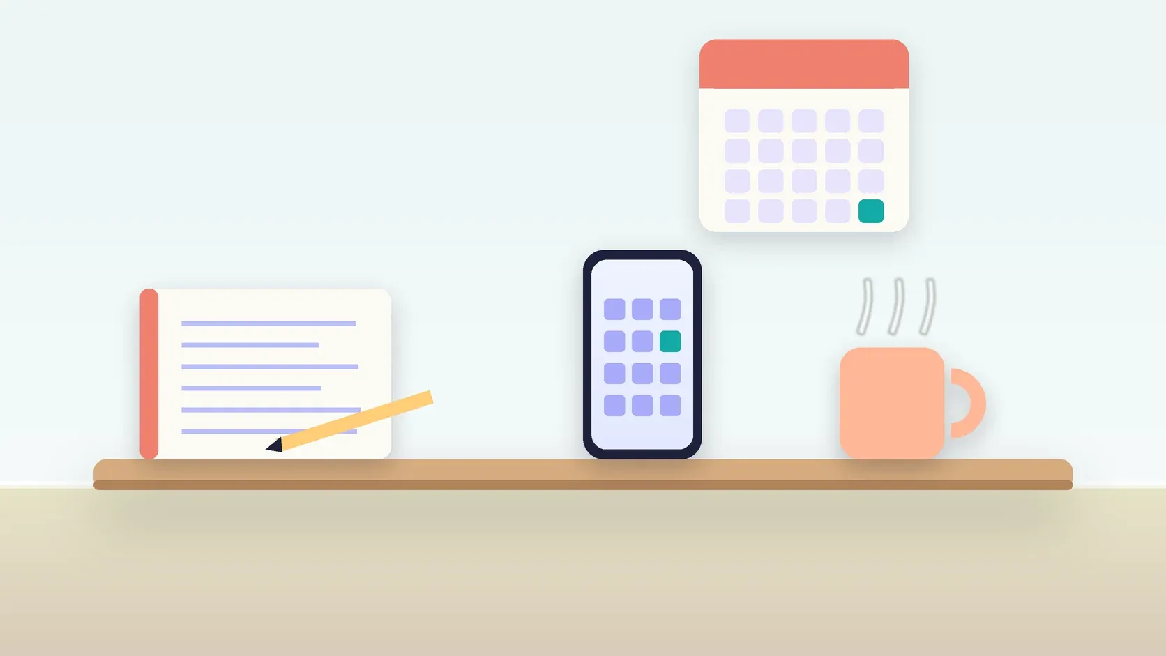 Illustration of a desk with a checklist, a phone showing a calendar, a mug and a wall planner