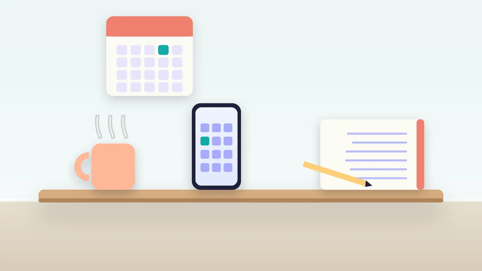 Illustration of a desk with a checklist, a phone showing a calendar, a mug and a wall planner