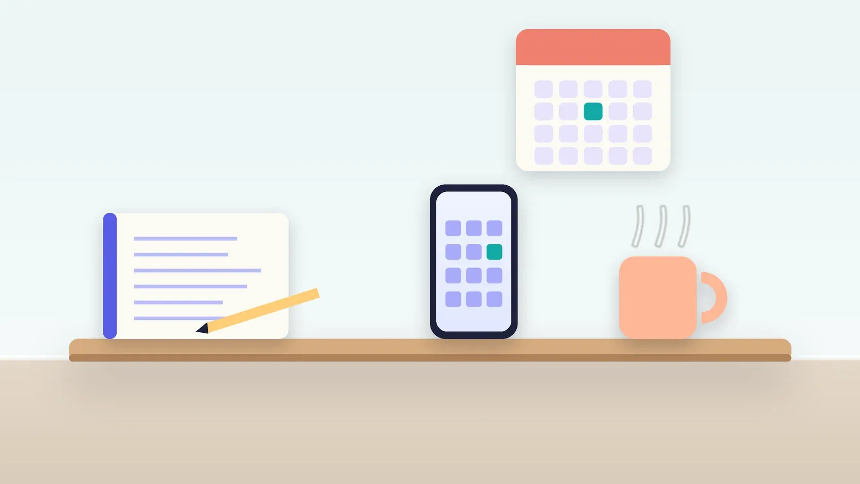 Illustration of a desk with a checklist, a phone showing a calendar, a mug and a wall planner