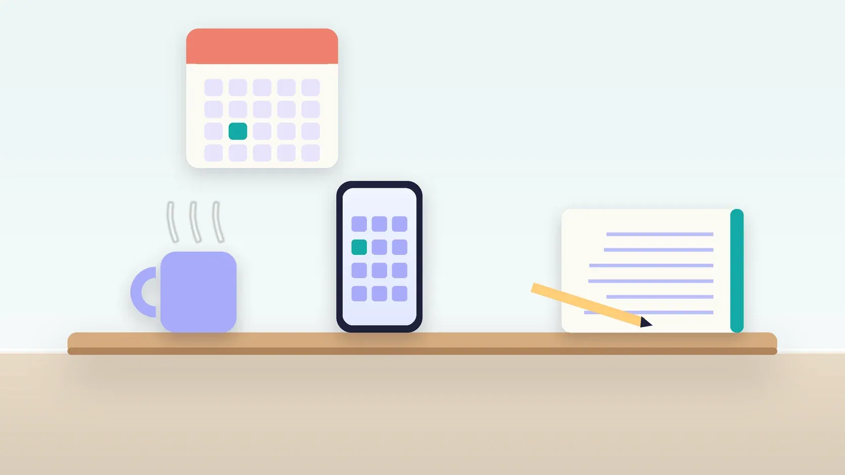 Illustration of a desk with a checklist, a phone showing a calendar, a mug and a wall planner