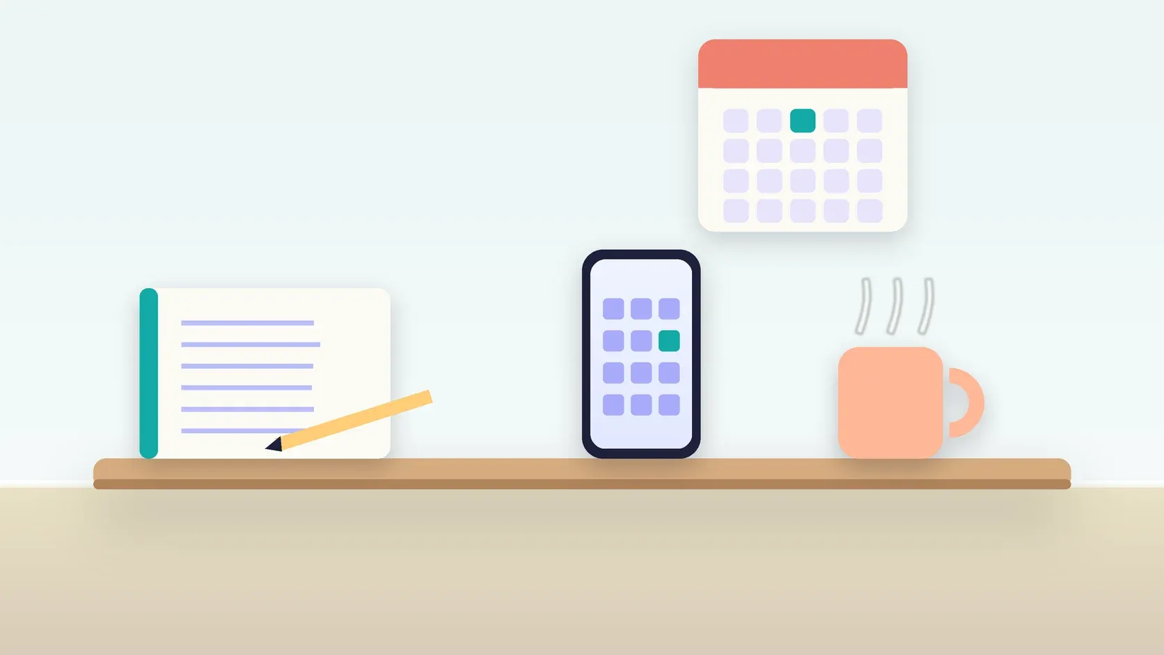 Illustration of a desk with a checklist, a phone showing a calendar, a mug and a wall planner