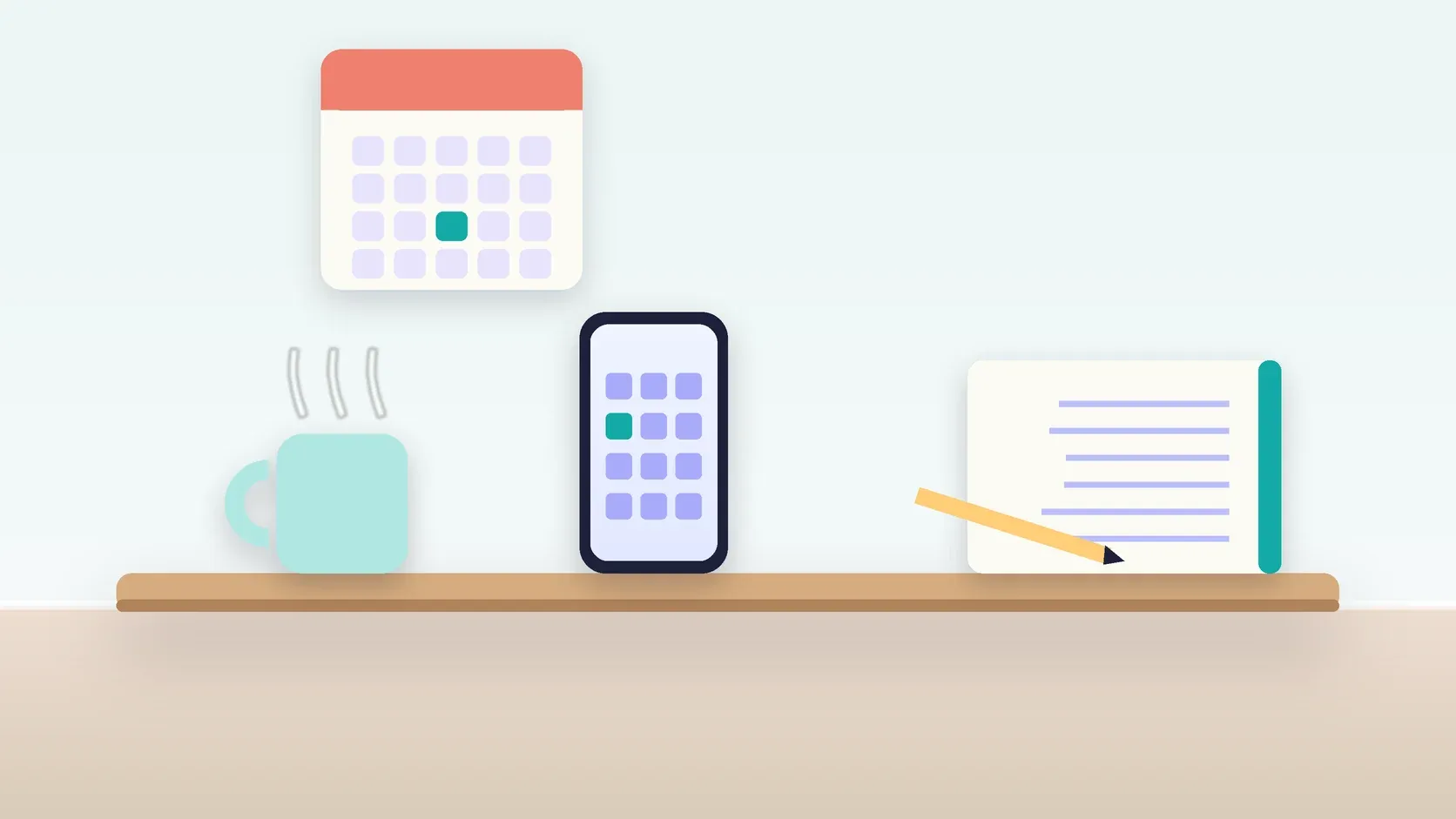 Illustration of a desk with a checklist, a phone showing a calendar, a mug and a wall planner