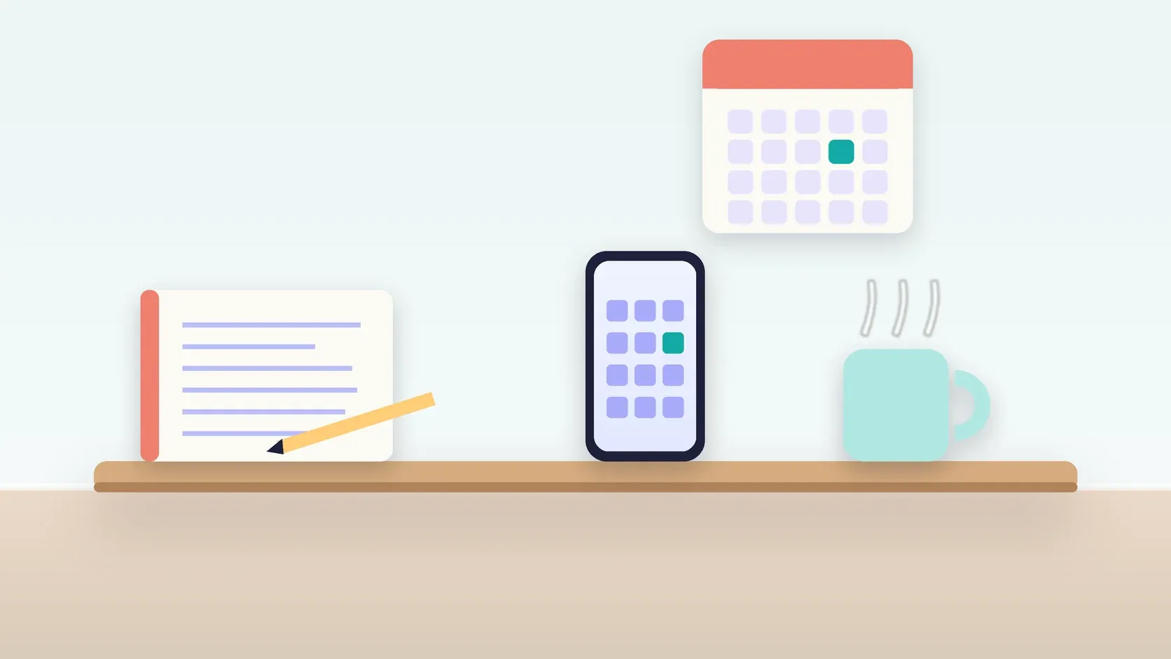Illustration of a desk with a checklist, a phone showing a calendar, a mug and a wall planner
