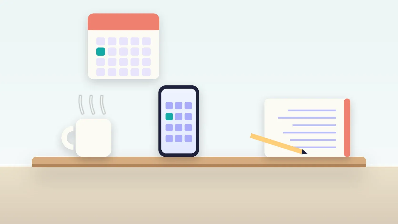 Illustration of a desk with a checklist, a phone showing a calendar, a mug and a wall planner