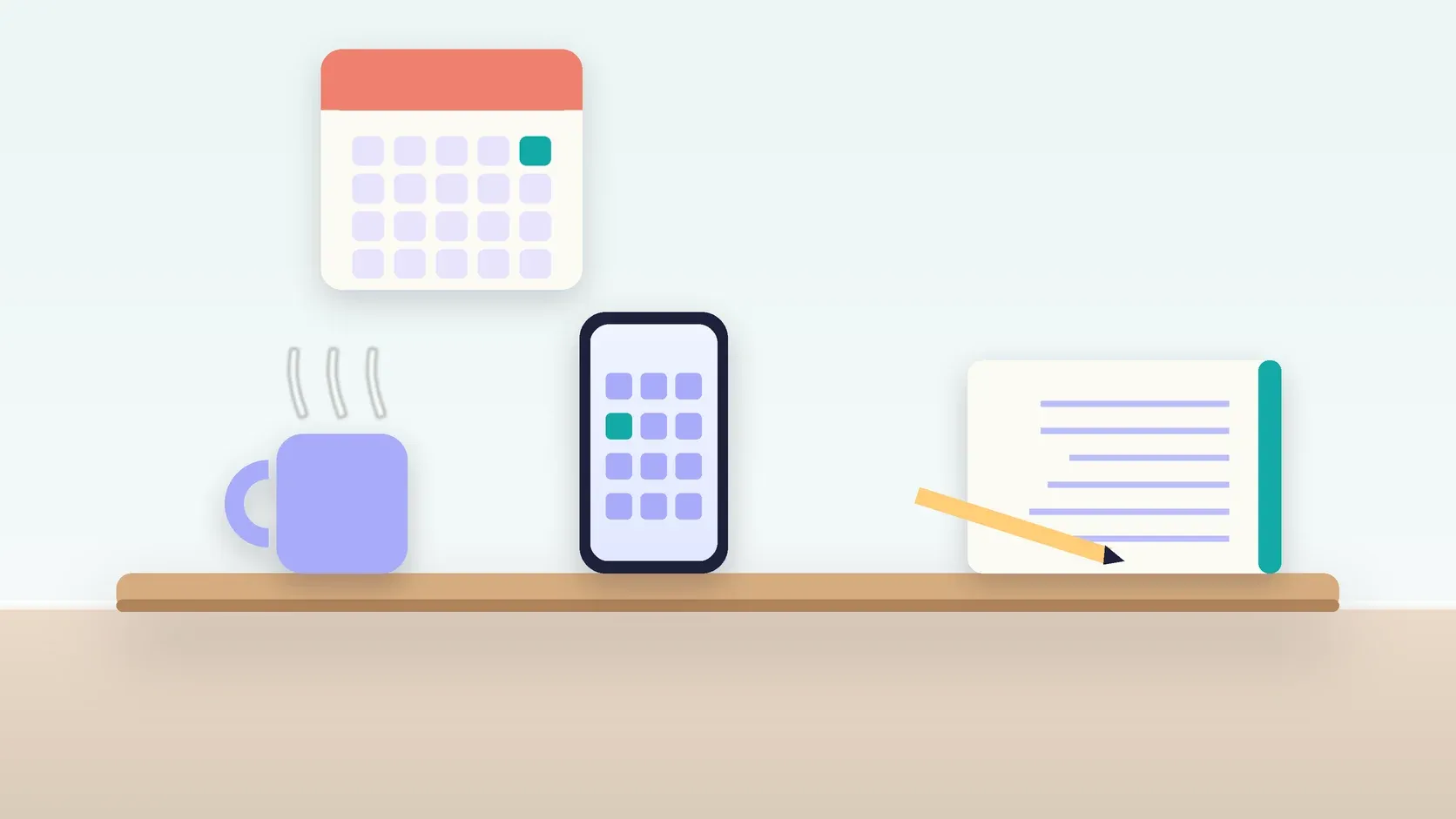 Illustration of a desk with a checklist, a phone showing a calendar, a mug and a wall planner