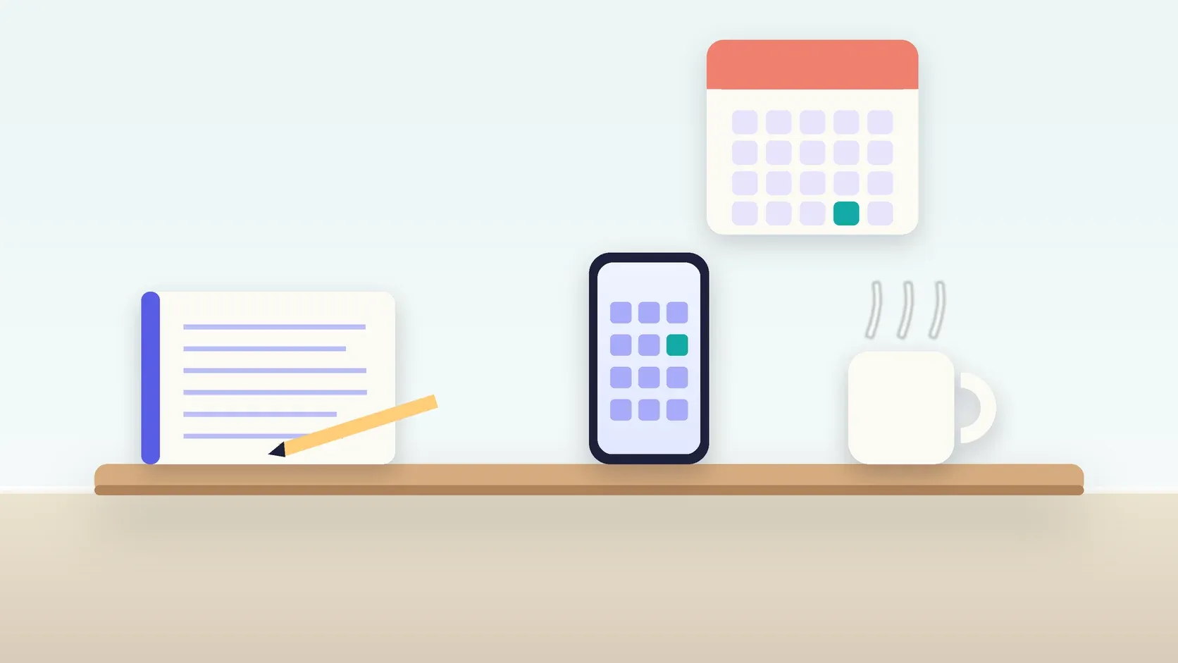 Illustration of a desk with a checklist, a phone showing a calendar, a mug and a wall planner
