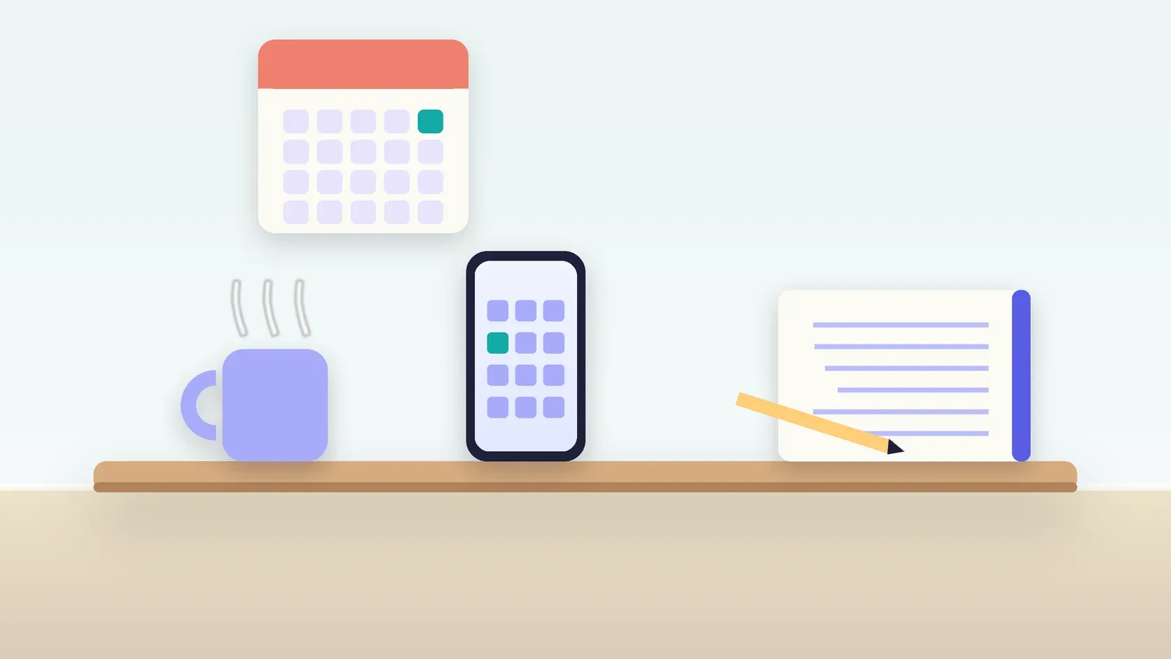 Illustration of a desk with a checklist, a phone showing a calendar, a mug and a wall planner