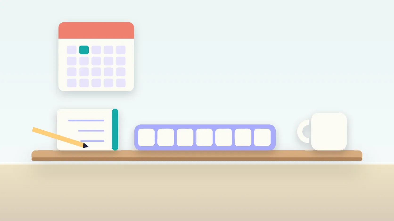 Illustration of a weekly pill organizer on a desk with a glass, a notebook and a wall calendar
