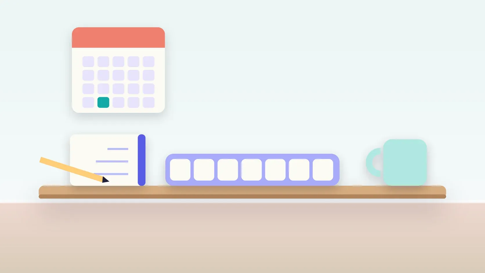 Illustration of a weekly pill organizer on a desk with a glass, a notebook and a wall calendar