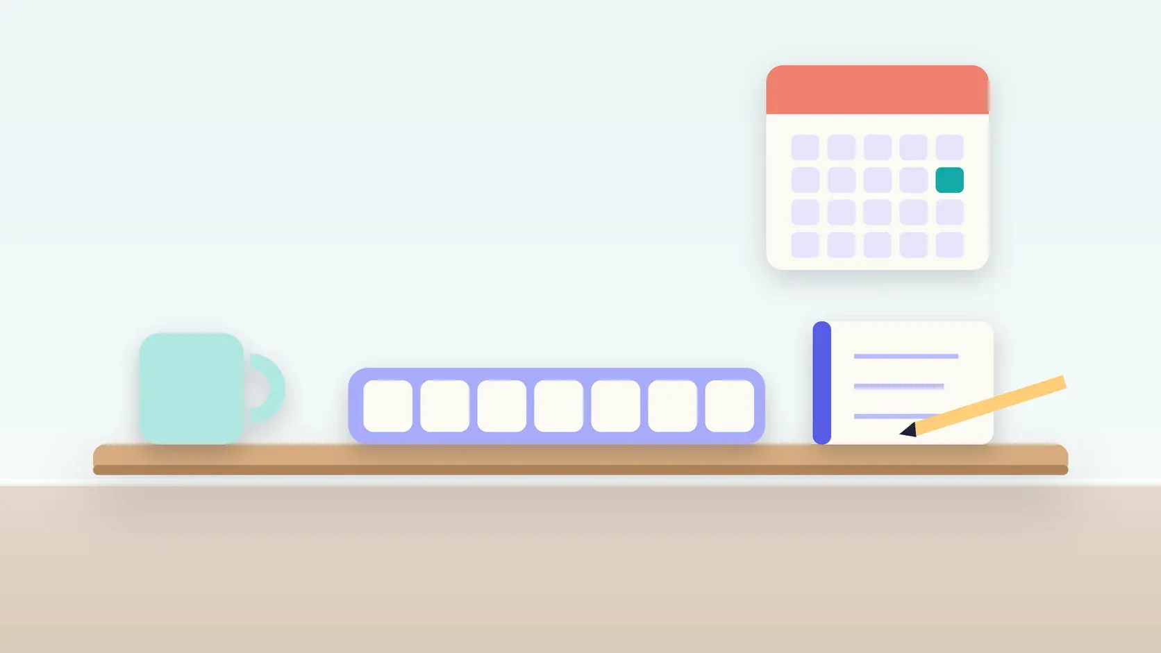 Illustration of a weekly pill organizer on a desk with a glass, a notebook and a wall calendar