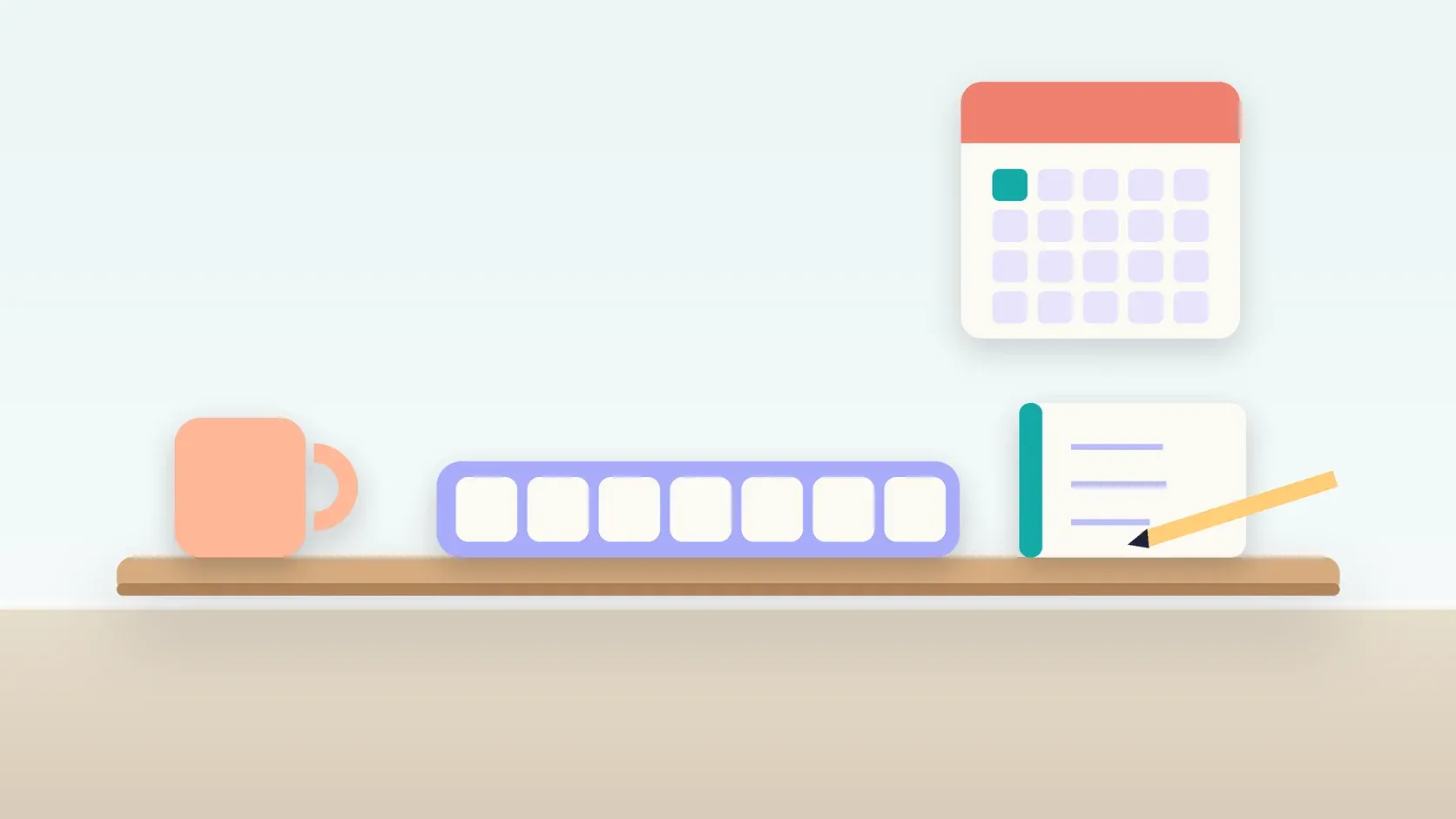 Illustration of a weekly pill organizer on a desk with a glass, a notebook and a wall calendar