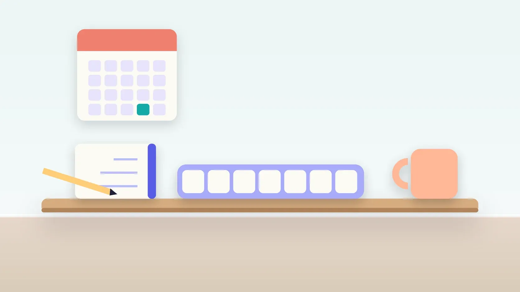 Illustration of a weekly pill organizer on a desk with a glass, a notebook and a wall calendar