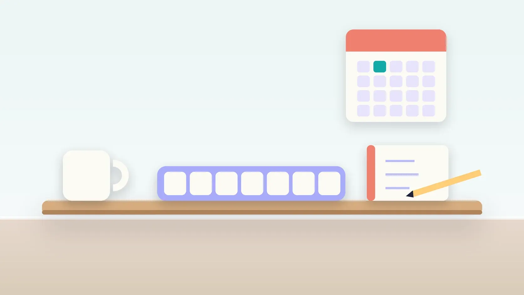 Illustration of a weekly pill organizer on a desk with a glass, a notebook and a wall calendar