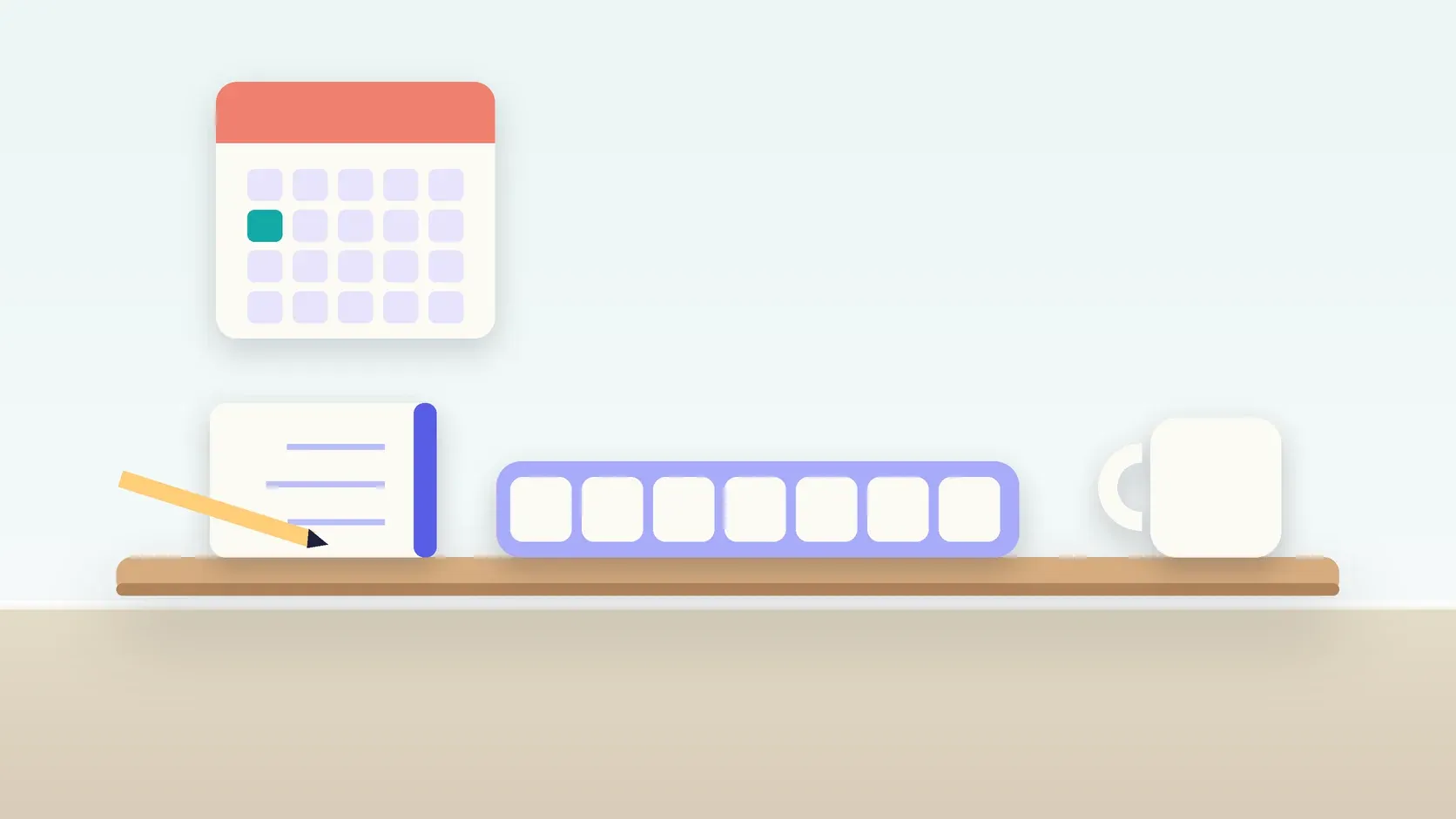 Illustration of a weekly pill organizer on a desk with a glass, a notebook and a wall calendar