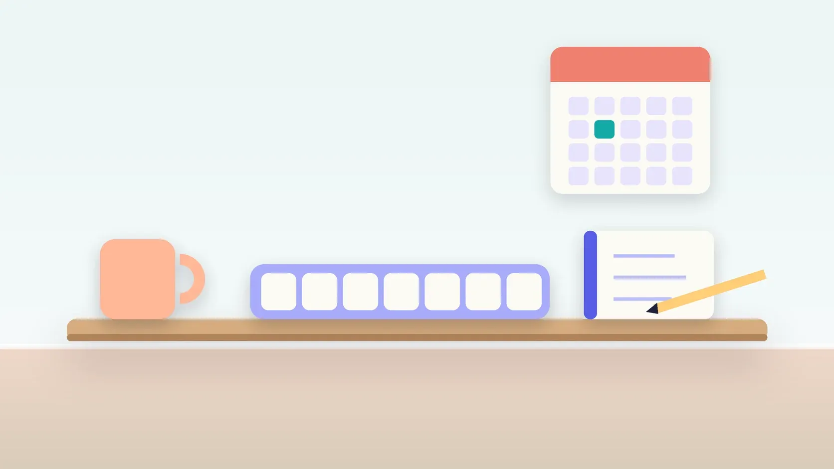 Illustration of a weekly pill organizer on a desk with a glass, a notebook and a wall calendar