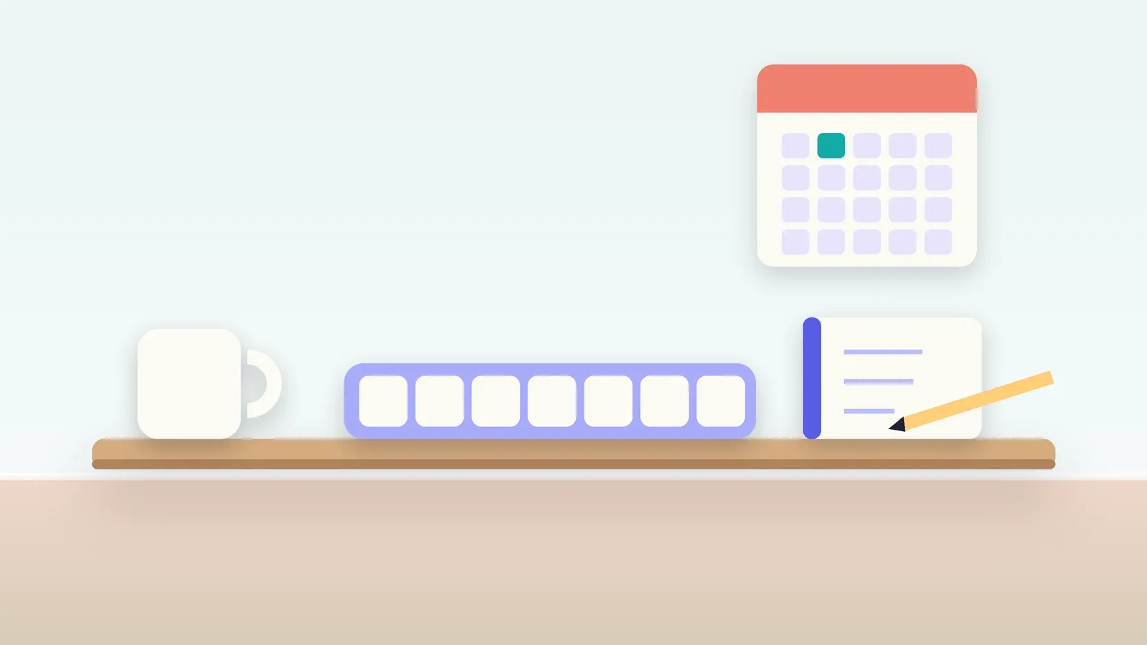 Illustration of a weekly pill organizer on a desk with a glass, a notebook and a wall calendar