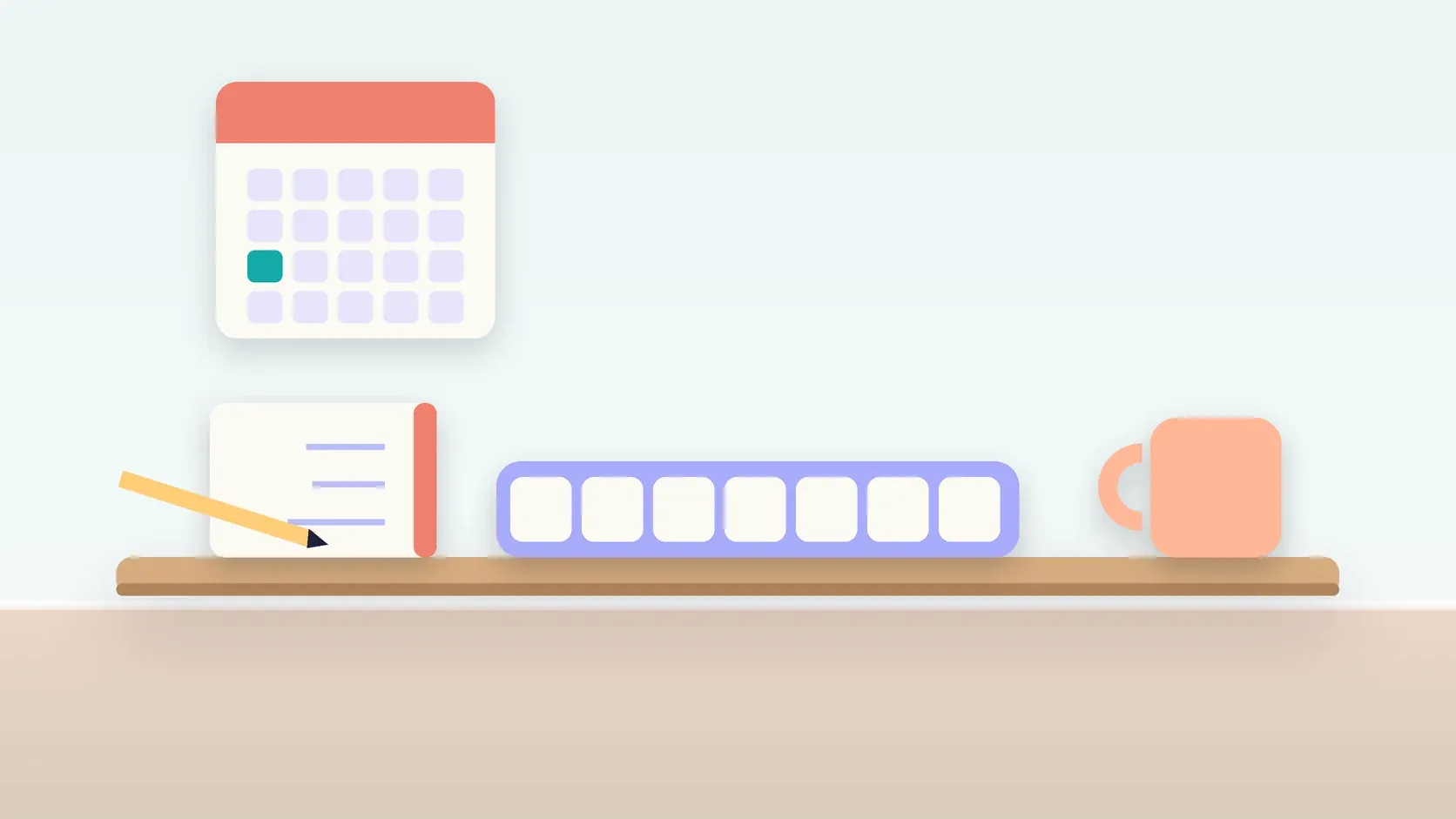 Illustration of a weekly pill organizer on a desk with a glass, a notebook and a wall calendar