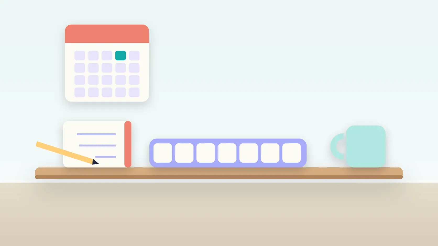 Illustration of a weekly pill organizer on a desk with a glass, a notebook and a wall calendar