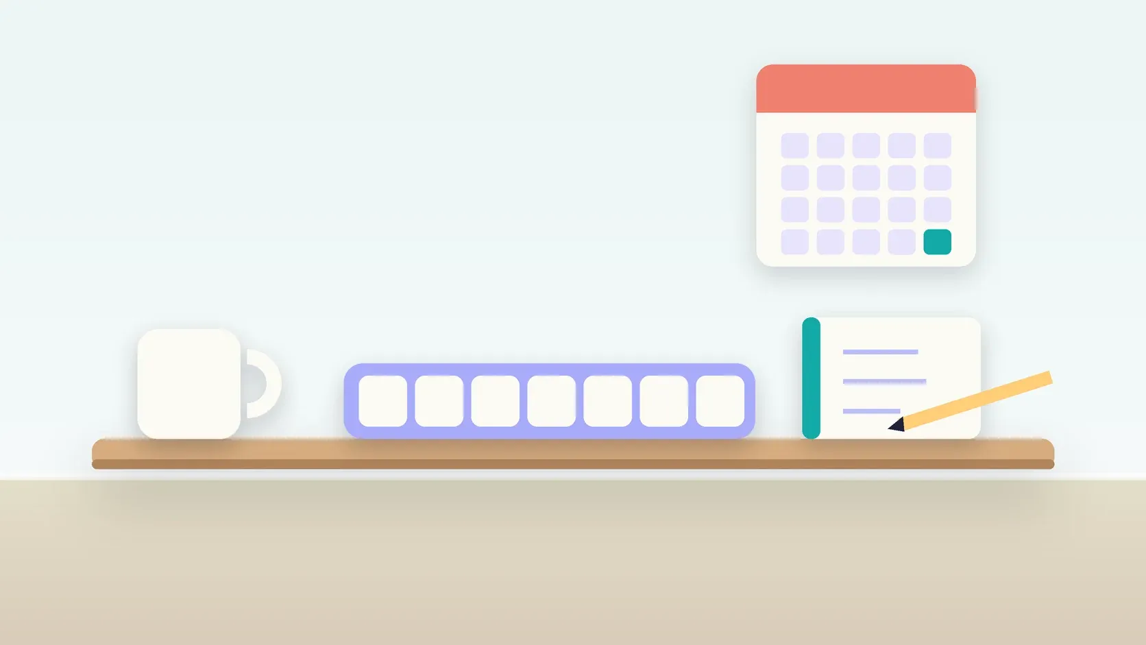 Illustration of a weekly pill organizer on a desk with a glass, a notebook and a wall calendar