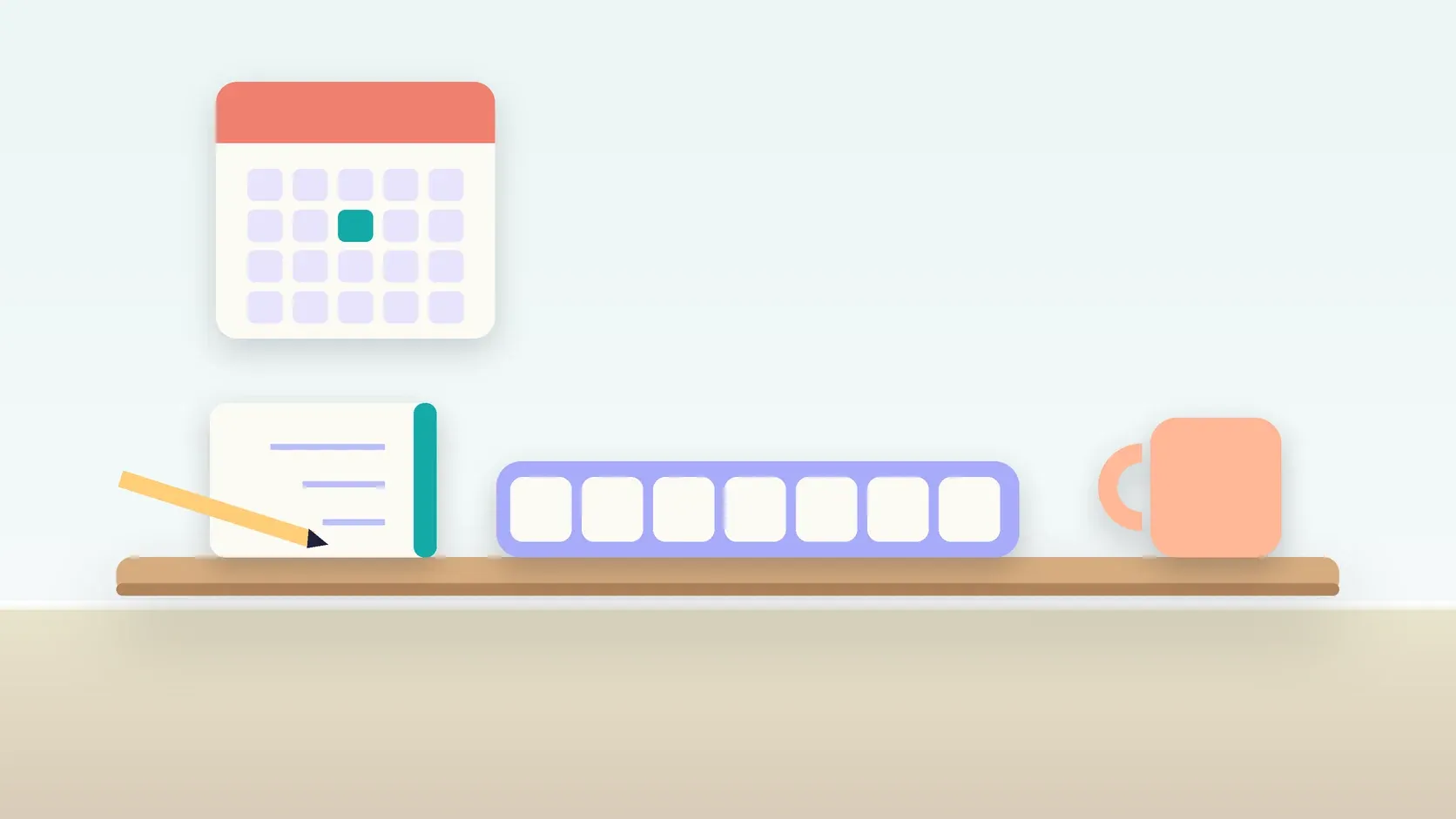 Illustration of a weekly pill organizer on a desk with a glass, a notebook and a wall calendar