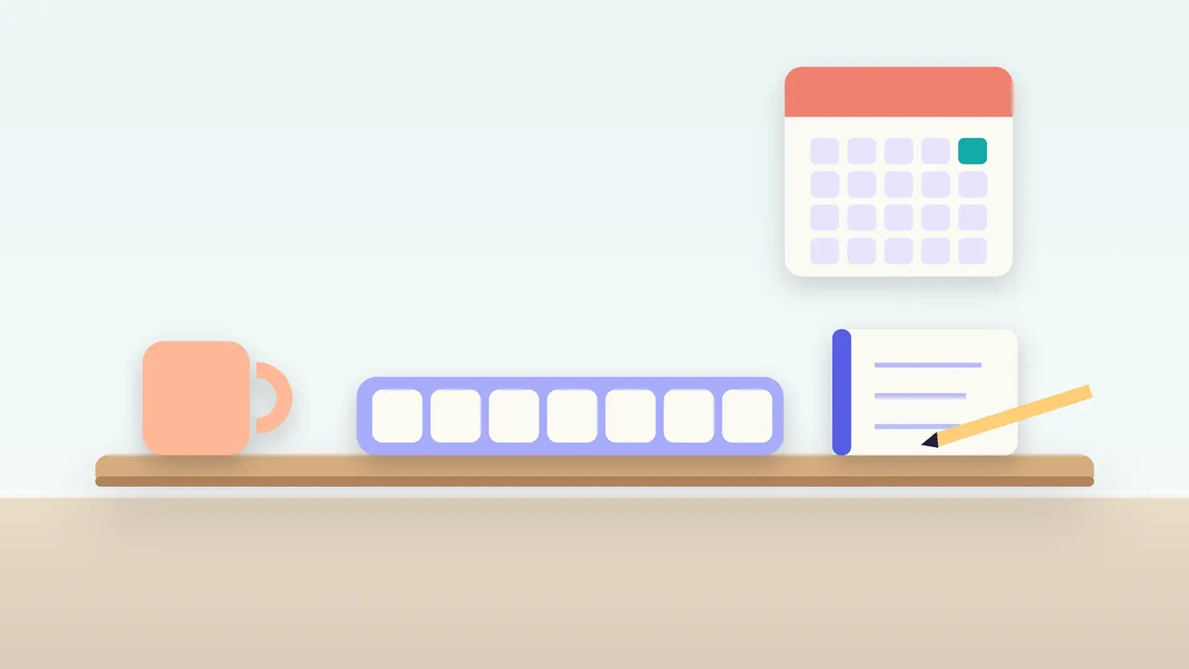 Illustration of a weekly pill organizer on a desk with a glass, a notebook and a wall calendar
